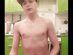 Skinny teen boy, femboy masturbates and sucks, rides a dildo, cums abundantly