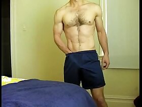toned slightly hairy chest guy strip-jo-cum on standing