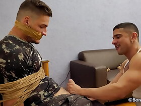 Samuel Hodecker and Lucas Mancinni are soldiers having fun bound and gagged blowjob cum over face
