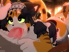 Calico cat gives out a bj to customer