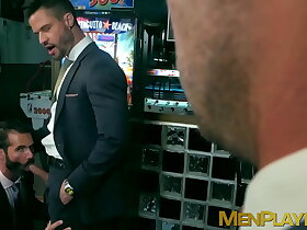 Handsome men in classy suits spitroasting pretty bottom