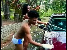 Car washing turned for juicy Brazilian floozie Sandra into nasty  double-barreled threesome outdoor action